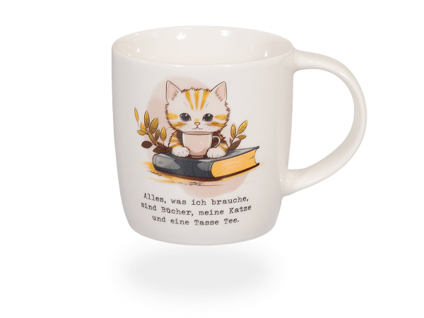 Könitz Tasse "Bücher, Katze & Tee" 300ml, Porzellan. Teetasse / Kaffeetasse Comic-Design