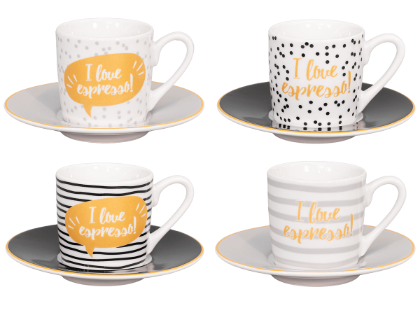 Könitz Espressotassen Set 4tlg "I Love Espresso" 65ml. Kaffeetassen Design mit Untertassen.