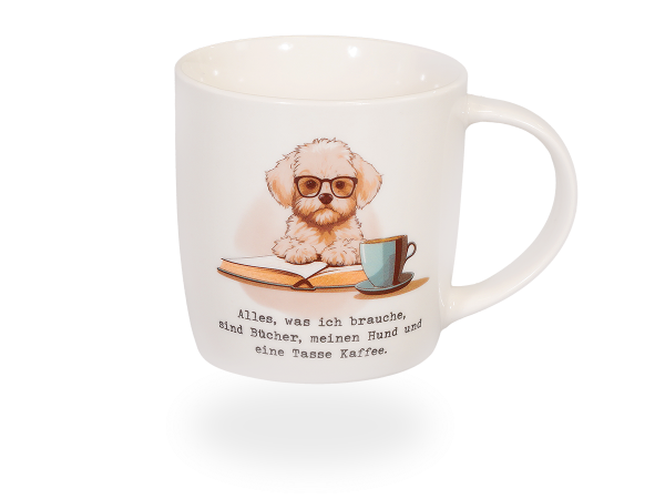 Könitz Tasse "Bücher, Hund & Kaffee" 300ml, Porzellan. Teetasse / Kaffeetasse Comic-Design